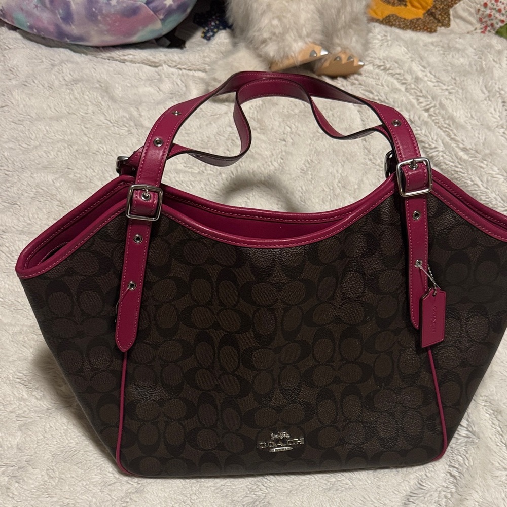 Coach Signature Zip Top Tote – Brown/Pink Ruby Leather Trim Shoulder Bag - EUC